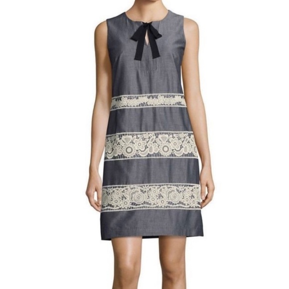 KARL LAGERFELD Sleeveless Cotton Denim & Lace Trim Dress 8 Exposed Zipper - Picture 1 of 11